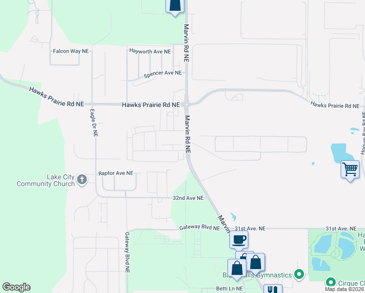 map of restaurants, bars, coffee shops, grocery stores, and more near 7416 33rd Way Northeast in Lacey