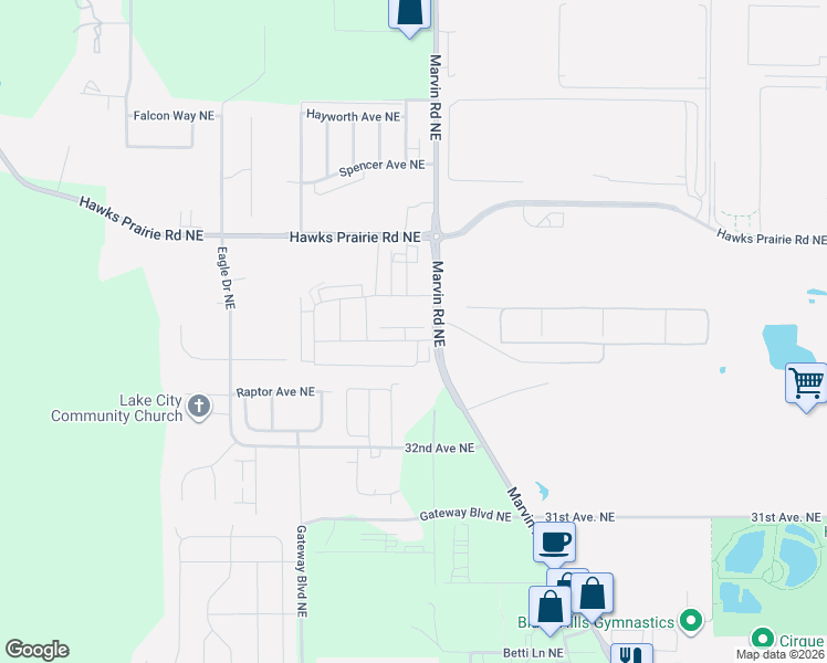map of restaurants, bars, coffee shops, grocery stores, and more near 7416 33rd Way Northeast in Lacey