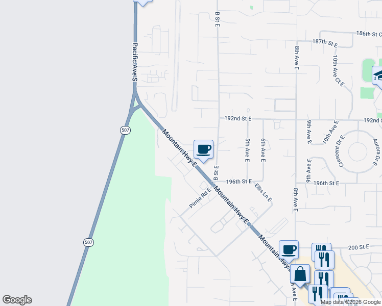 map of restaurants, bars, coffee shops, grocery stores, and more near 19419 Mountain Highway East in Spanaway