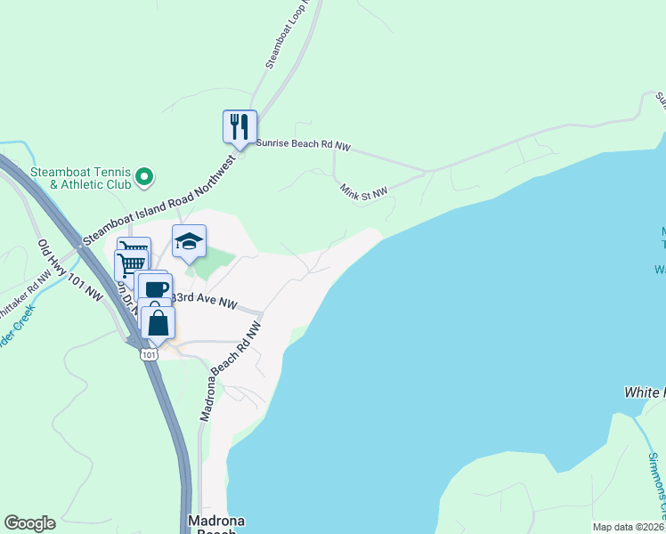 map of restaurants, bars, coffee shops, grocery stores, and more near 3432 Madrona Beach Road Northwest in Olympia