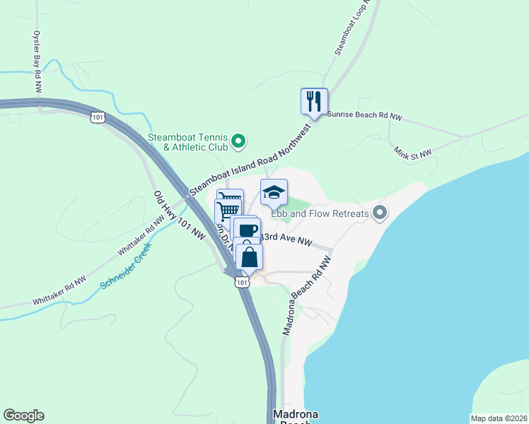 map of restaurants, bars, coffee shops, grocery stores, and more near 6530 33rd Avenue Northwest in Olympia