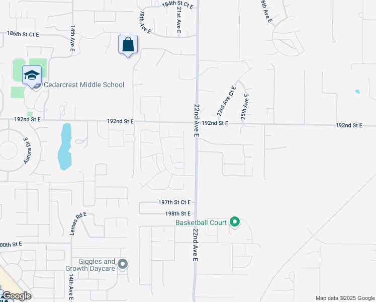 map of restaurants, bars, coffee shops, grocery stores, and more near 19410 21st Avenue Court East in Spanaway