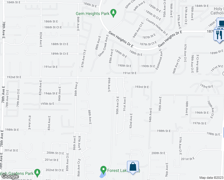 map of restaurants, bars, coffee shops, grocery stores, and more near 8915 194th Street East in Graham