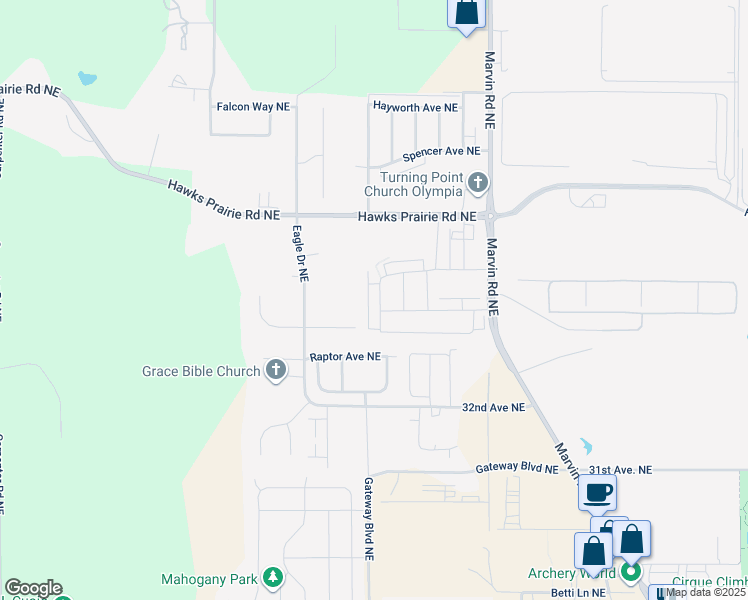 map of restaurants, bars, coffee shops, grocery stores, and more near 3351 Bali Street Northeast in Lacey