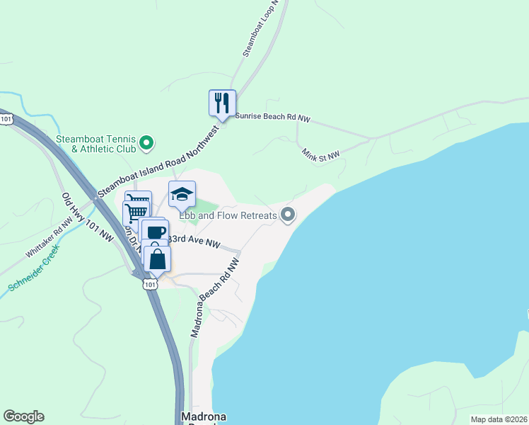 map of restaurants, bars, coffee shops, grocery stores, and more near 3411 Madrona Beach Road Northwest in Olympia