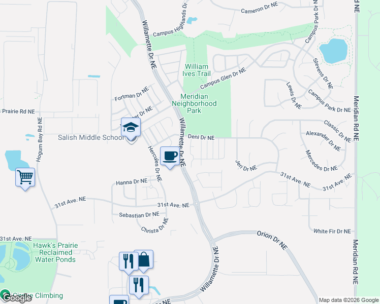 map of restaurants, bars, coffee shops, grocery stores, and more near 8807 Corona Street Northeast in Lacey