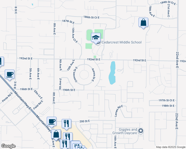 map of restaurants, bars, coffee shops, grocery stores, and more near 19402 Aurora Drive East in Spanaway