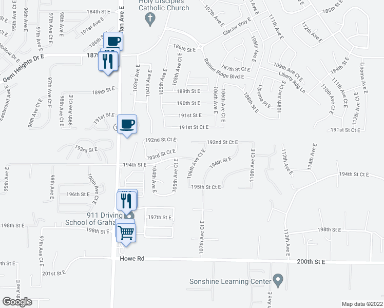 map of restaurants, bars, coffee shops, grocery stores, and more near 10611 194th Street East in Graham