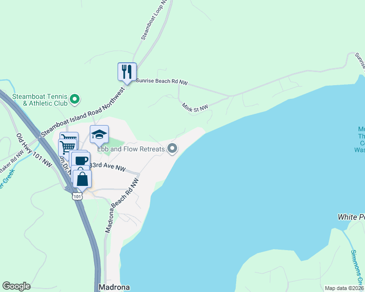 map of restaurants, bars, coffee shops, grocery stores, and more near 3438 Madrona Beach Road Northwest in Olympia