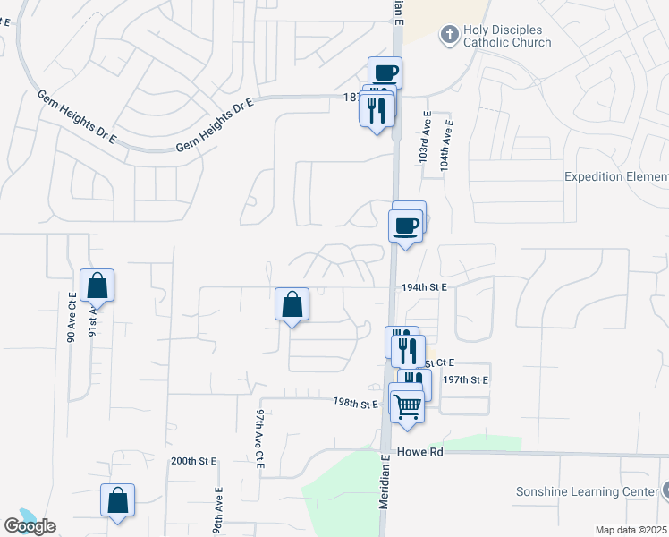 map of restaurants, bars, coffee shops, grocery stores, and more near 19310 100th Avenue East in Graham