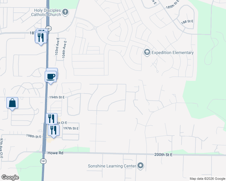 map of restaurants, bars, coffee shops, grocery stores, and more near 10818 194th Street East in Graham
