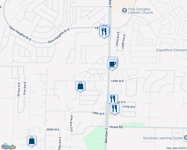 map of restaurants, bars, coffee shops, grocery stores, and more near 19310 100th Avenue East in Graham
