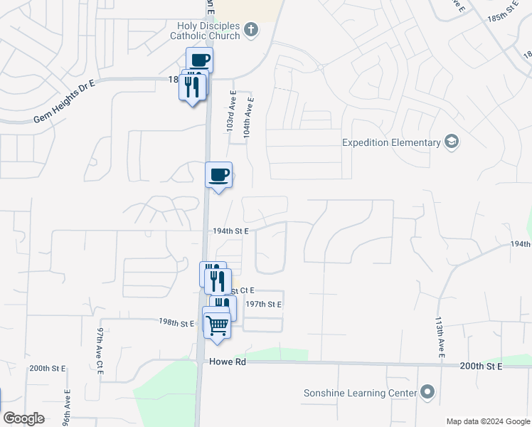 map of restaurants, bars, coffee shops, grocery stores, and more near 19327 104th Avenue Court East in Graham