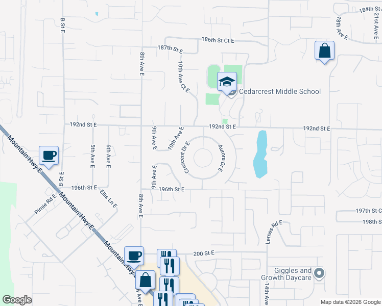 map of restaurants, bars, coffee shops, grocery stores, and more near 19405 Crescent Drive East in Spanaway