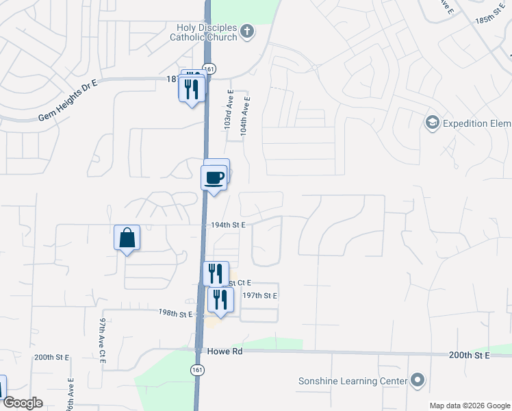 map of restaurants, bars, coffee shops, grocery stores, and more near 10408 193rd Street Court East in Graham