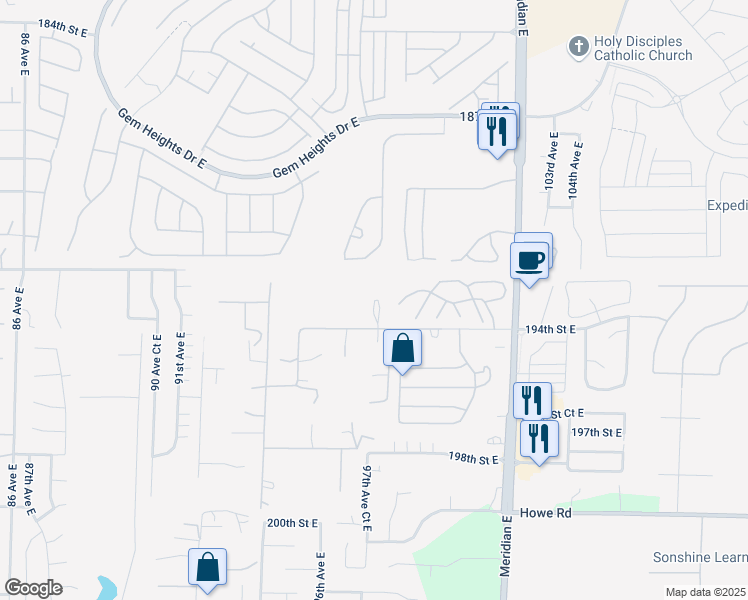 map of restaurants, bars, coffee shops, grocery stores, and more near 9705 194th Street East in Graham