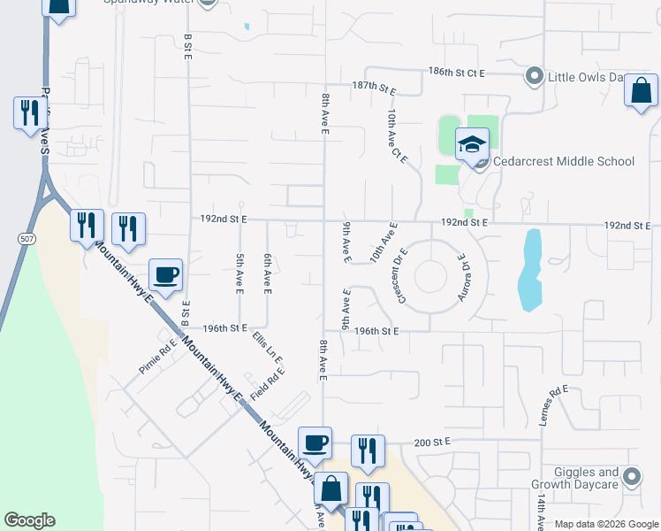 map of restaurants, bars, coffee shops, grocery stores, and more near 19313 8th Avenue East in Spanaway