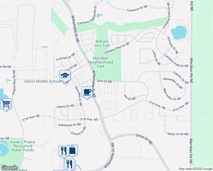 map of restaurants, bars, coffee shops, grocery stores, and more near 3321 Hydra Street Northeast in Lacey