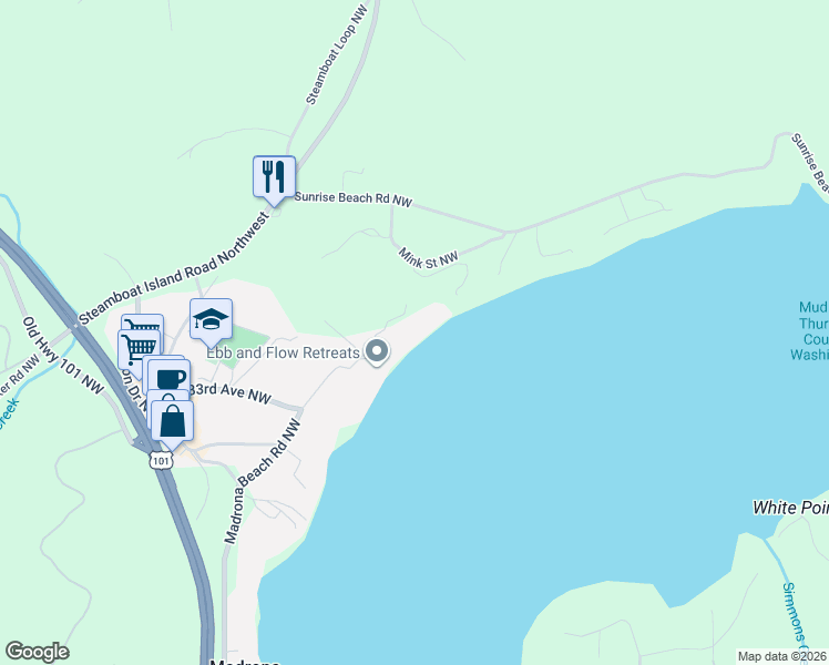 map of restaurants, bars, coffee shops, grocery stores, and more near 3438 Madrona Beach Road Northwest in Olympia