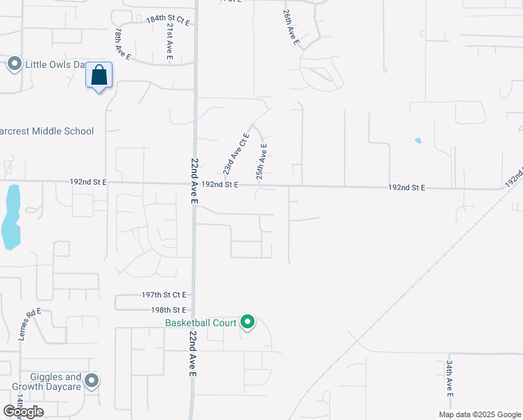 map of restaurants, bars, coffee shops, grocery stores, and more near 2505 193rd Street East in Spanaway