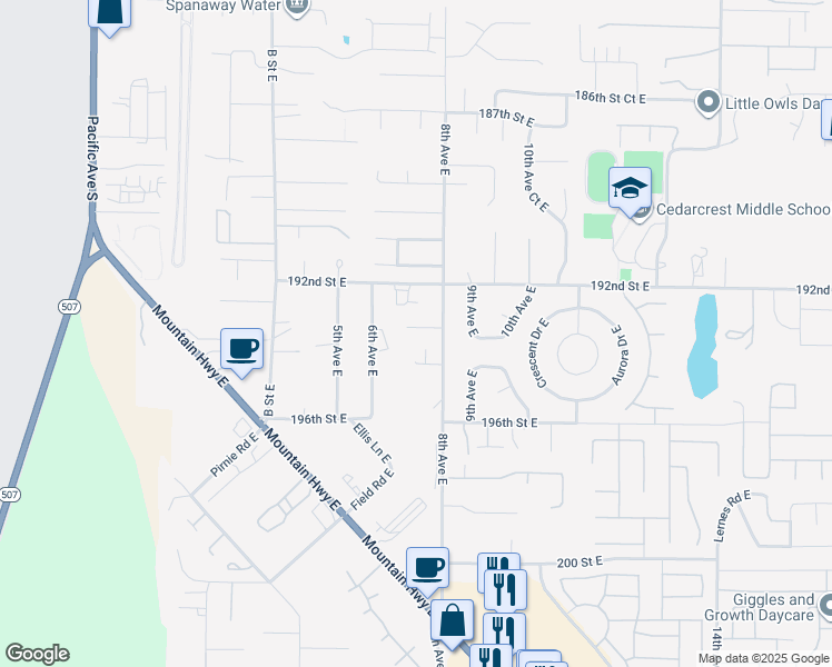 map of restaurants, bars, coffee shops, grocery stores, and more near 19402 8th Avenue East in Spanaway