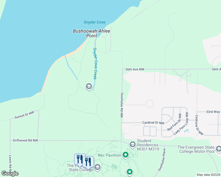 map of restaurants, bars, coffee shops, grocery stores, and more near 3511 Overhulse Road Northwest in Olympia