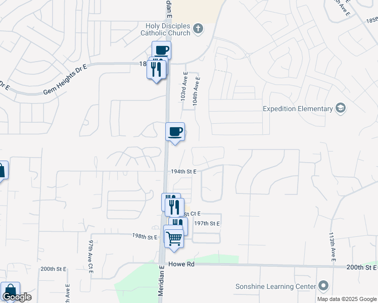 map of restaurants, bars, coffee shops, grocery stores, and more near 19208 103rd Avenue Court East in Graham