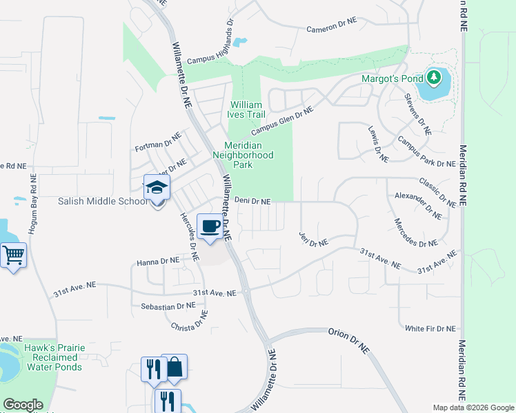 map of restaurants, bars, coffee shops, grocery stores, and more near 3366 Aurora Street Northeast in Lacey