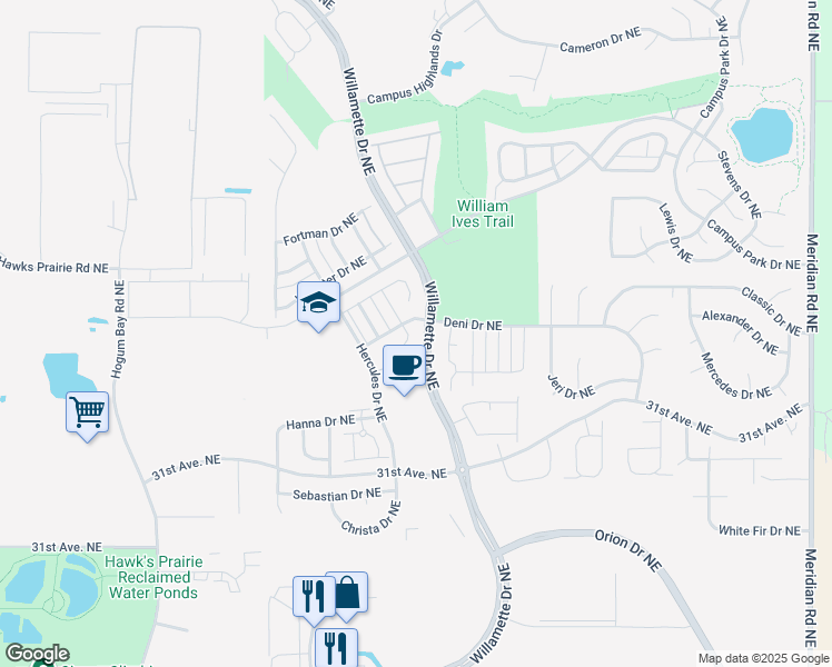 map of restaurants, bars, coffee shops, grocery stores, and more near 3338 Juno Court Northeast in Lacey