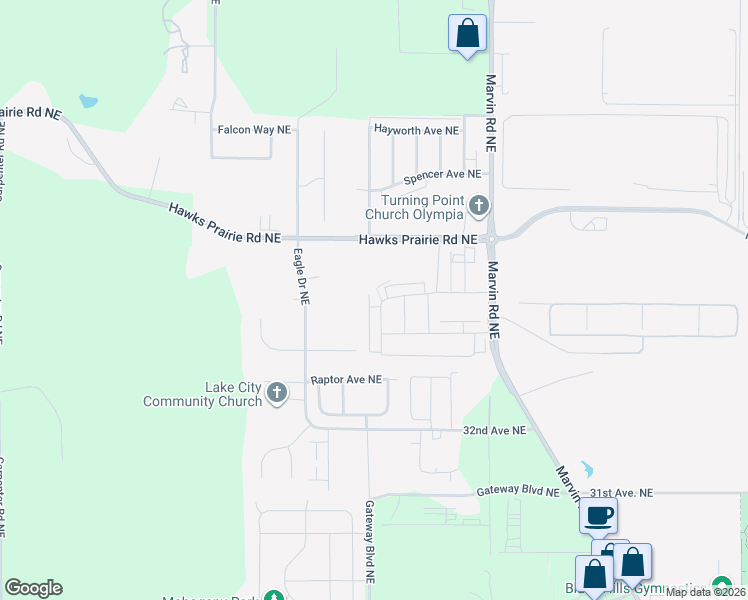 map of restaurants, bars, coffee shops, grocery stores, and more near 7106 34th Avenue Northeast in Lacey