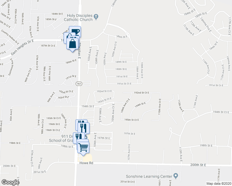 map of restaurants, bars, coffee shops, grocery stores, and more near 19209 105th Avenue Court East in Graham