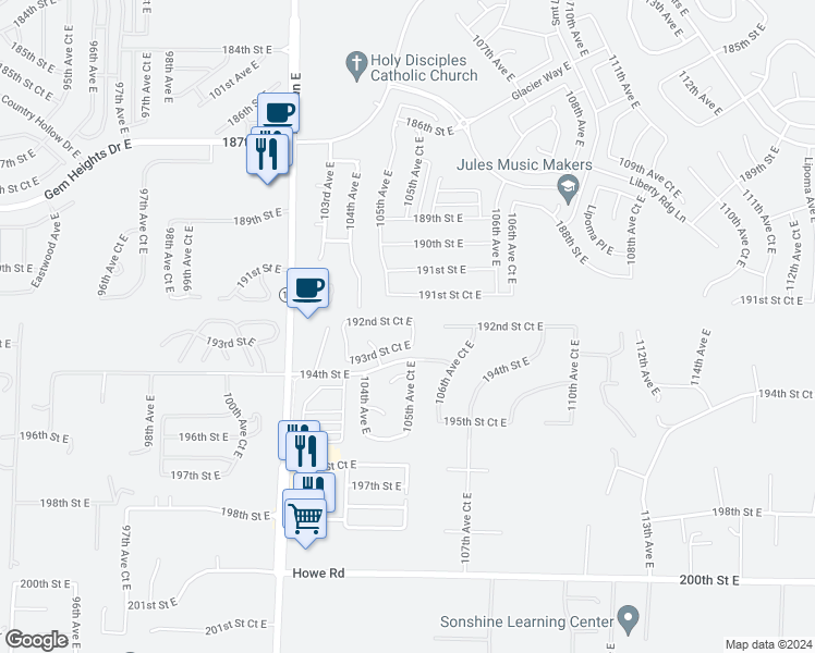 map of restaurants, bars, coffee shops, grocery stores, and more near 15016 105th Avenue Court East in Puyallup