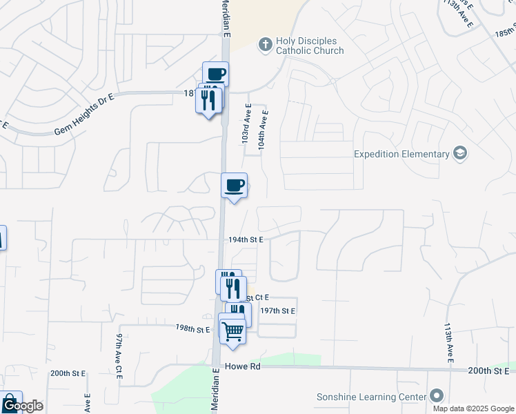 map of restaurants, bars, coffee shops, grocery stores, and more near 14225 103rd Avenue Court East in Puyallup