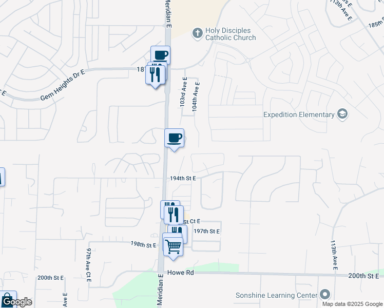 map of restaurants, bars, coffee shops, grocery stores, and more near 14207 103rd Avenue Court East in Puyallup