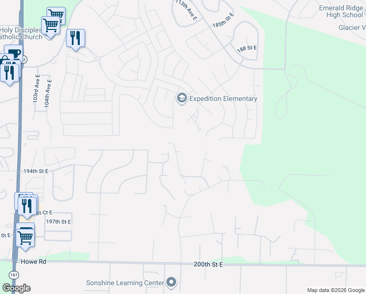 map of restaurants, bars, coffee shops, grocery stores, and more near 19209 112th Avenue East in Graham