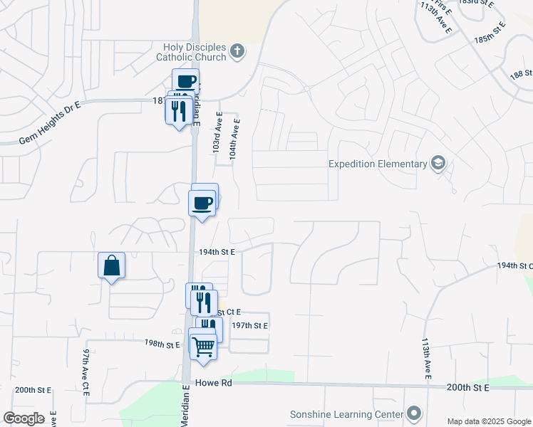 map of restaurants, bars, coffee shops, grocery stores, and more near 10509 192nd Street Court East in Graham