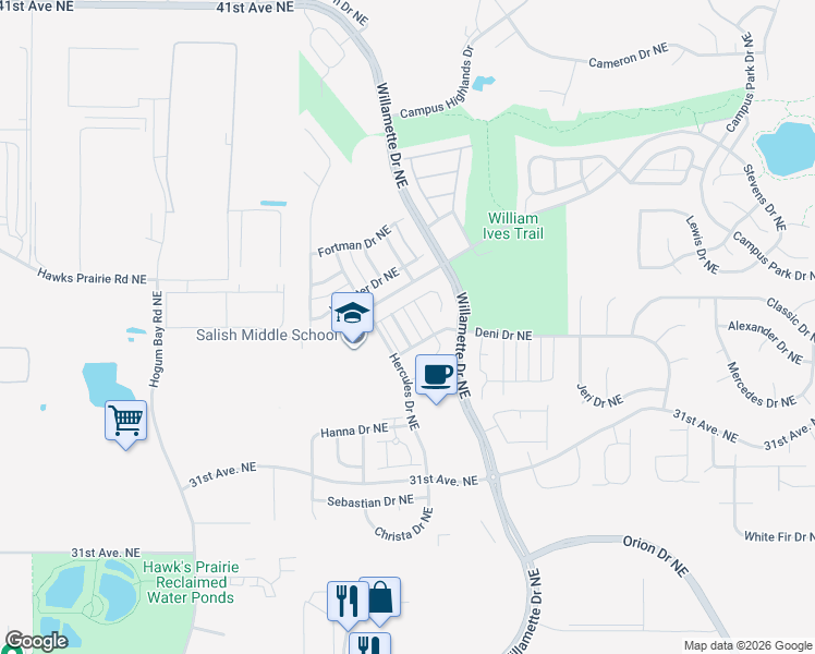 map of restaurants, bars, coffee shops, grocery stores, and more near 3446 Hera Street Northeast in Lacey