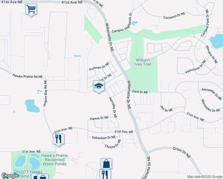 map of restaurants, bars, coffee shops, grocery stores, and more near Hera Street Northeast in Lacey