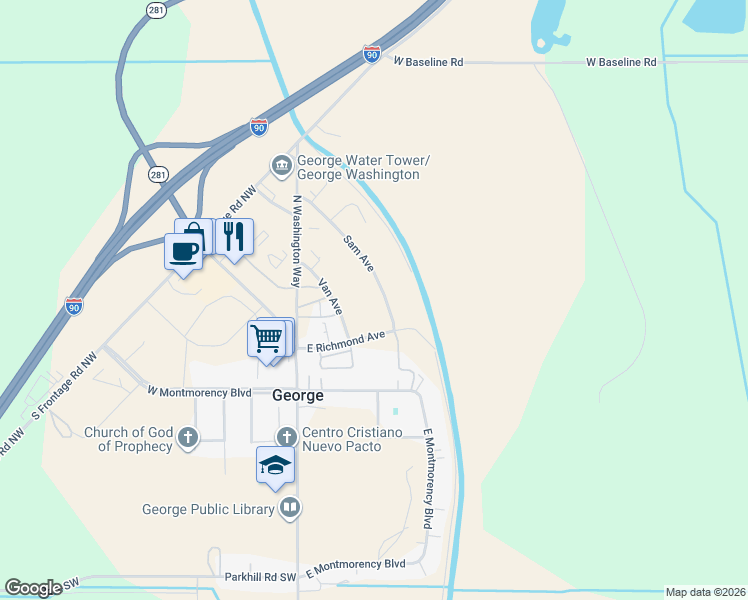 map of restaurants, bars, coffee shops, grocery stores, and more near 205 Sam Avenue in George