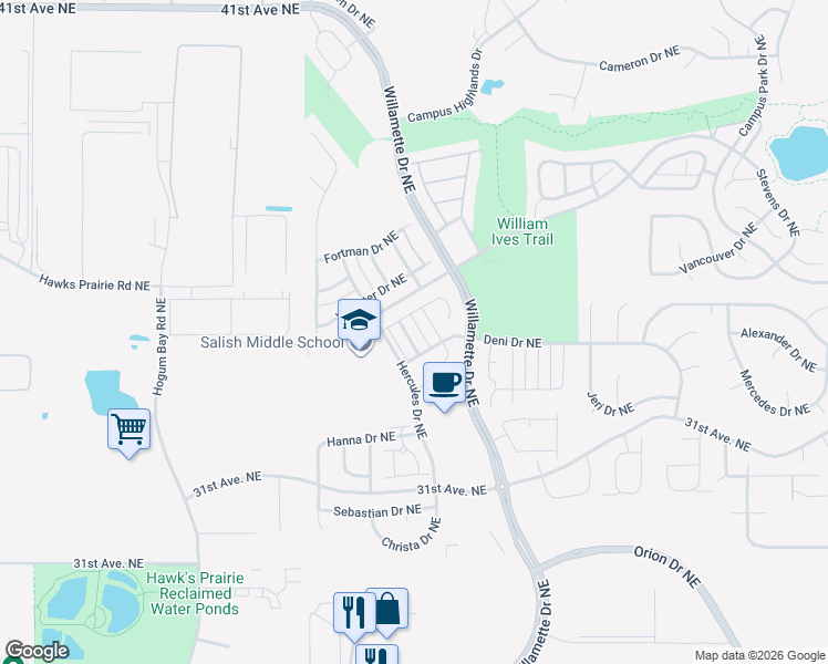 map of restaurants, bars, coffee shops, grocery stores, and more near 3446 Hera Street Northeast in Lacey