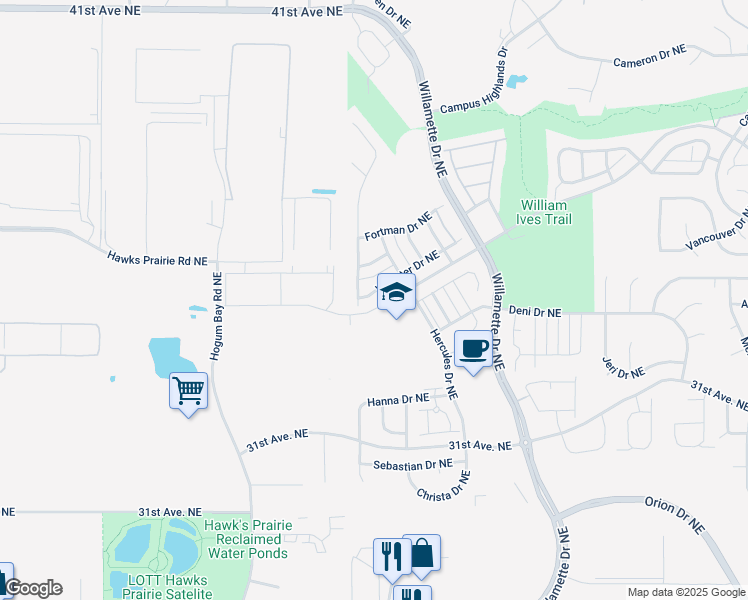 map of restaurants, bars, coffee shops, grocery stores, and more near 8531 Webster Drive Northeast in Lacey