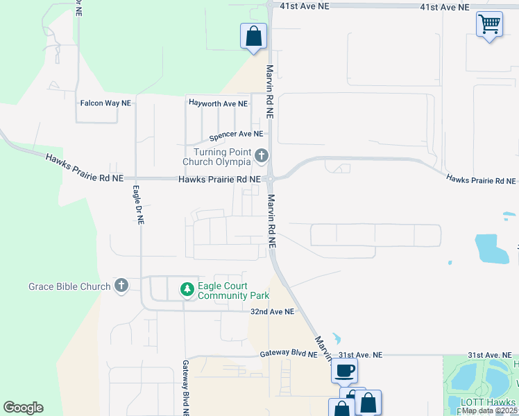 map of restaurants, bars, coffee shops, grocery stores, and more near 3521 Marvin Road Northeast in Lacey