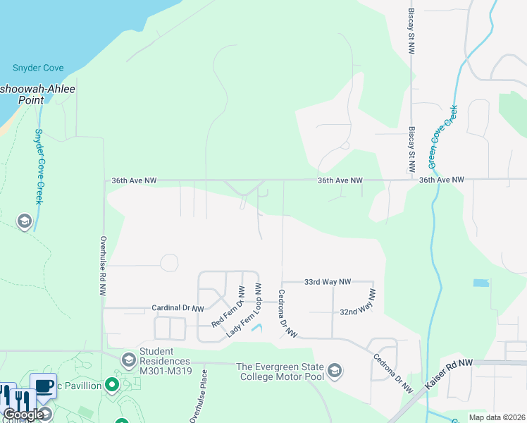 map of restaurants, bars, coffee shops, grocery stores, and more near 3723 36th Loop Northwest in Olympia
