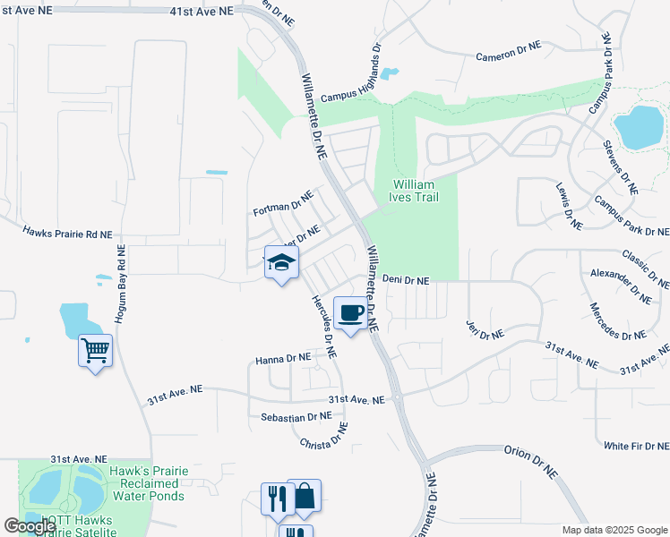 map of restaurants, bars, coffee shops, grocery stores, and more near 3429 Juno Street Northeast in Lacey