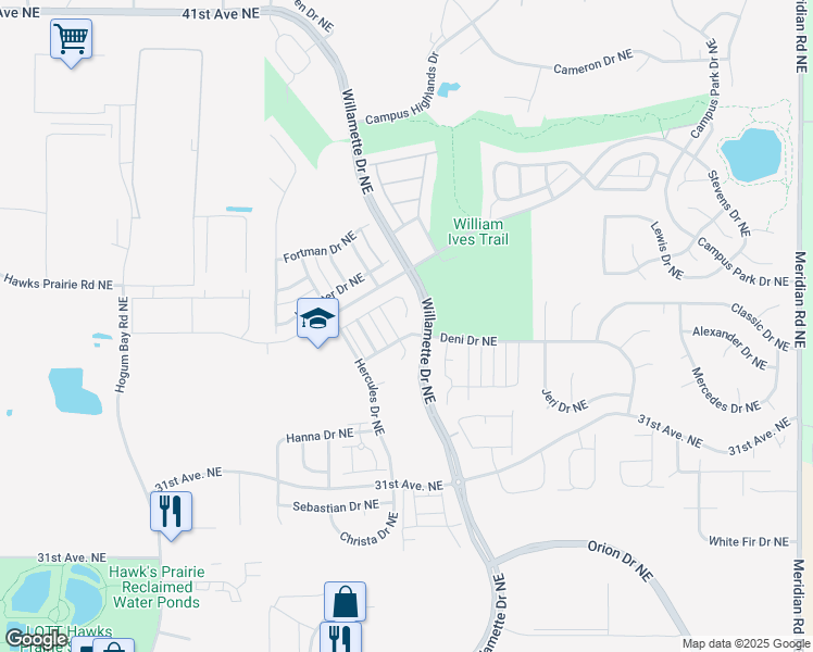 map of restaurants, bars, coffee shops, grocery stores, and more near 8726 Atlas Avenue Northeast in Lacey