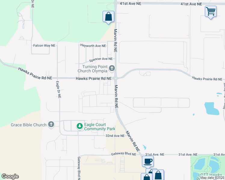 map of restaurants, bars, coffee shops, grocery stores, and more near 3521 Marvin Road Northeast in Lacey