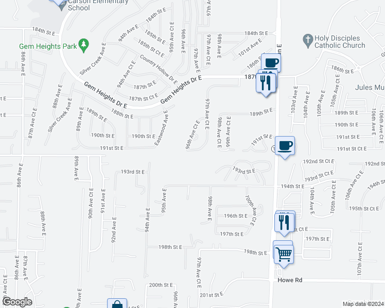 map of restaurants, bars, coffee shops, grocery stores, and more near 9606 191st Street Court East in Puyallup