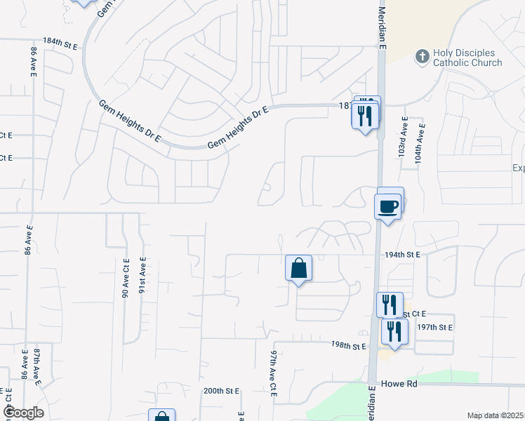 map of restaurants, bars, coffee shops, grocery stores, and more near 9622 191st Street Court East in Puyallup