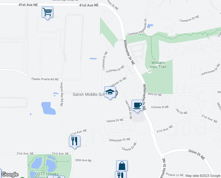 map of restaurants, bars, coffee shops, grocery stores, and more near 8543 Webster Drive Northeast in Lacey