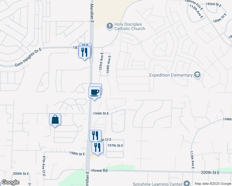 map of restaurants, bars, coffee shops, grocery stores, and more near 19118 105th Avenue East in Puyallup